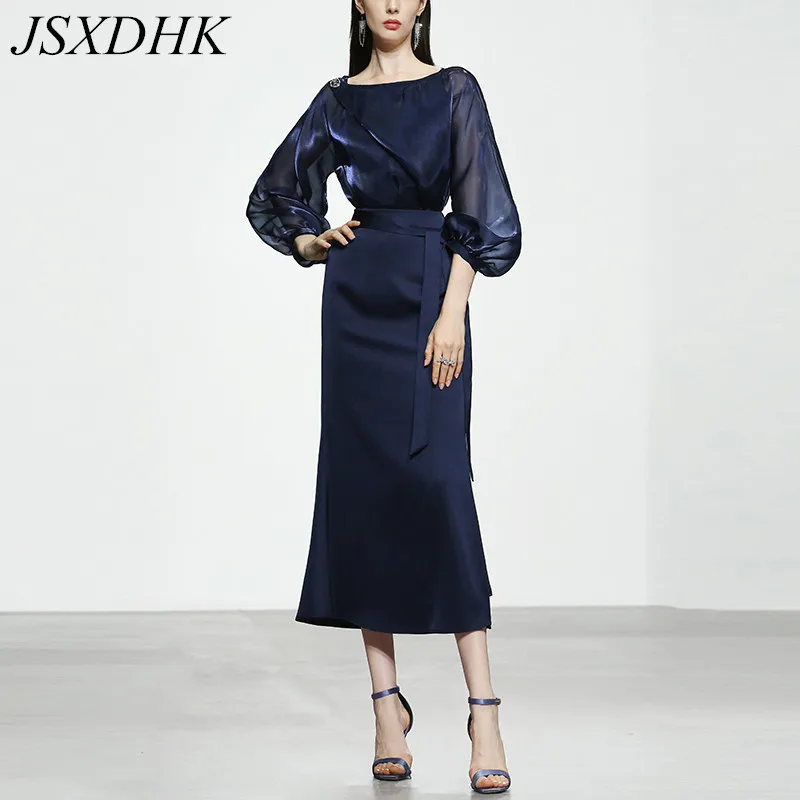 

JSXDHK, новинка 2022, Осеннее модельвечерние вечернее платье, модные женские Лоскутные облегающие платья миди из органзы с рукавами-фонариками и...