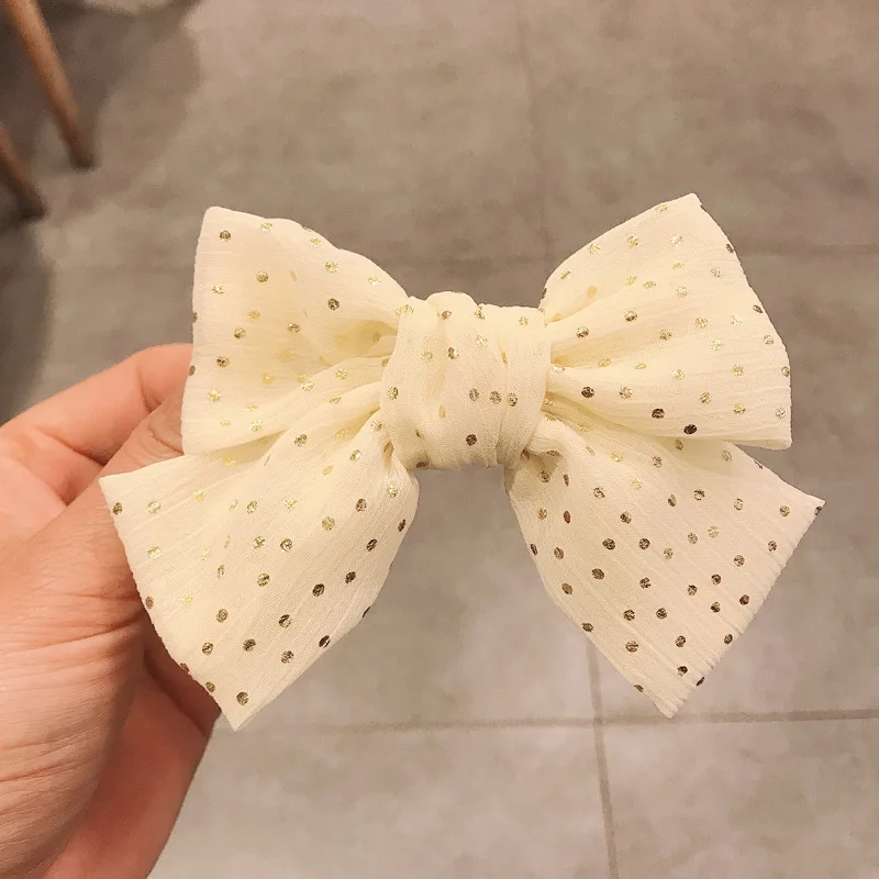 

Chiffon Fabric Hairpin Bronzing Wave Dot Big Bow Hair Clip Double-layers Metal Spring Clip Barrette Handmade Hair Accessories