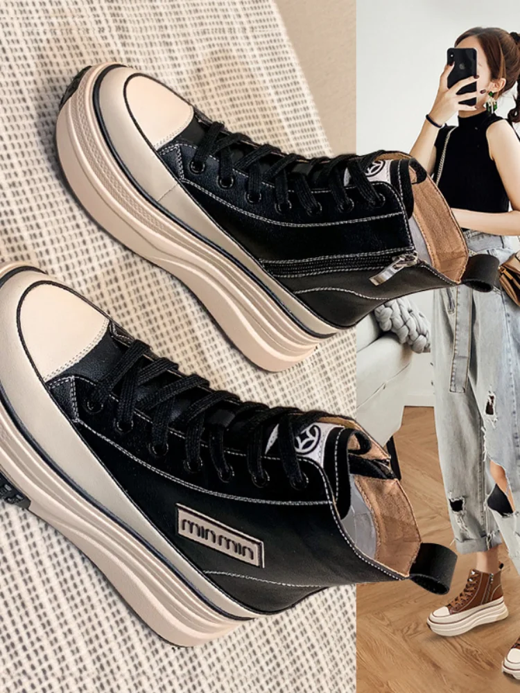 

Кеды женские на платформе, высокие спортивные ботильоны, Повседневная Уличная обувь из искусственной кожи, однотонная спортивная обувь на ...