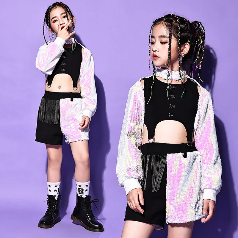 

Girls Hip Hop Dancing Clothes Sequins Jazz Dance Costume Catwalk Cheerlead Street Dance Wear For Kids Festival Clothing VDB3536