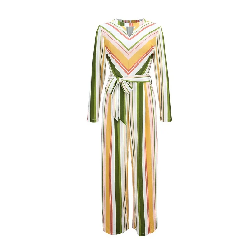 

Fall/winter 2019 Women's Striped Lace-up Long Sleeve Jumpsuit Casual O-neck Color Striped Printed Loose Jumpsuit with Sashes
