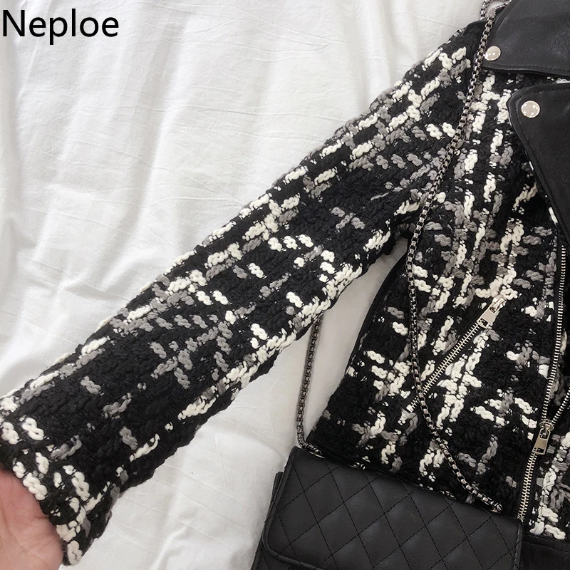 Neploe/осенне зимняя кожаная куртка в стиле пэчворк с отложным воротником и