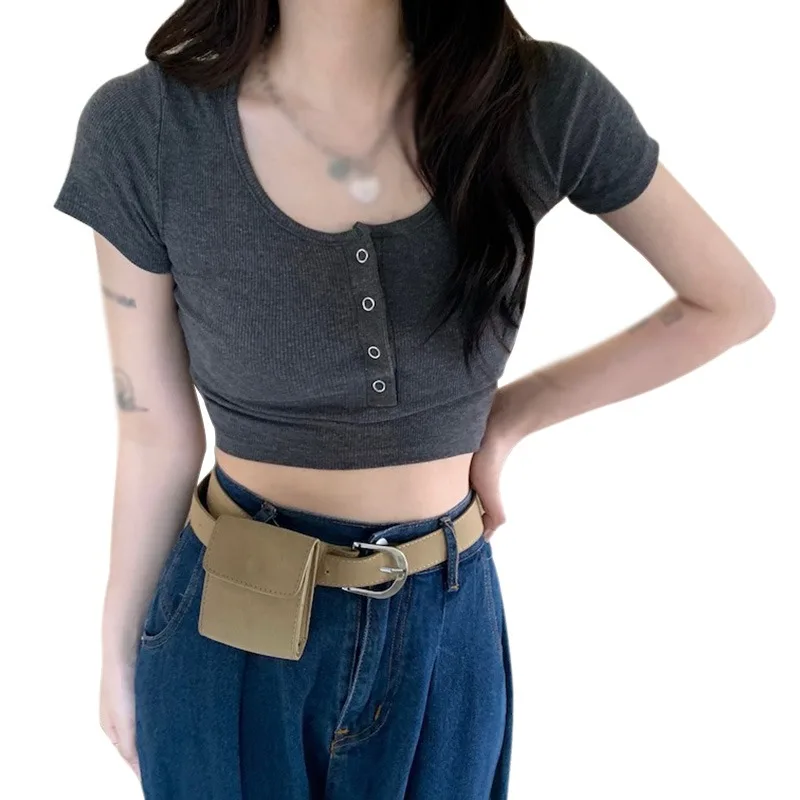 

Summer Women Slim Short O-Neck Tops Thin Solid Color High Waist Button Machine Reveal Umbilical Short-Sleeved T-Shirt Top