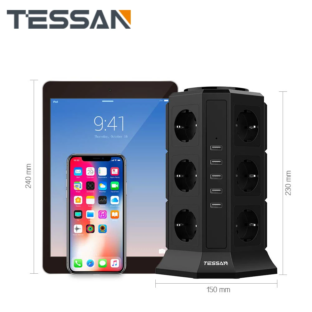 Сетевой фильтр TESSAN Tower Вертикальная Розетка европейского стандарта с 12