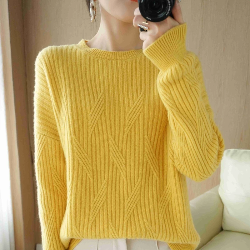 Pure Wool Sweater Thick Long-Sleeved Round Neck Pullover Women's Loose Plus Size 2021 Autumn and Winter All-Match Knitted Top