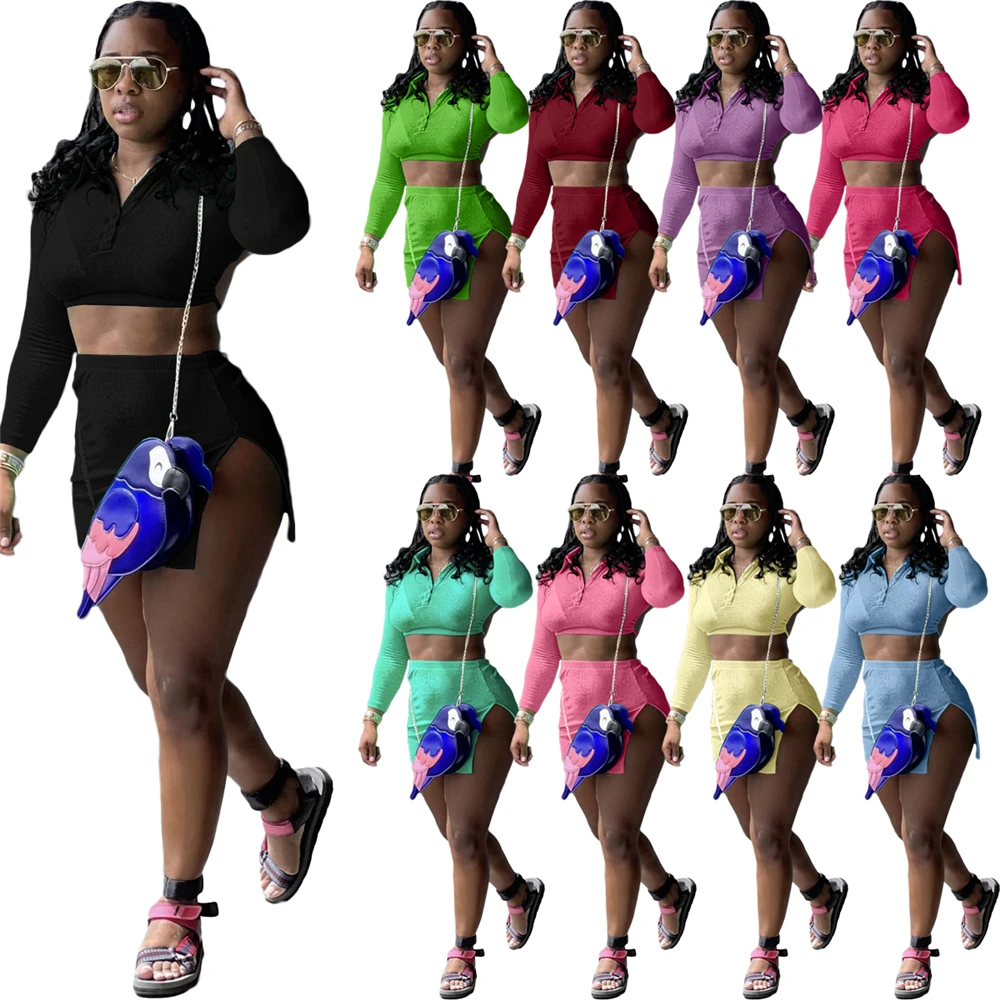 

Dy1079 Europe and the United States popular 2021 fashion solid color naked back drawstring T-shirt side slit short skirt two set