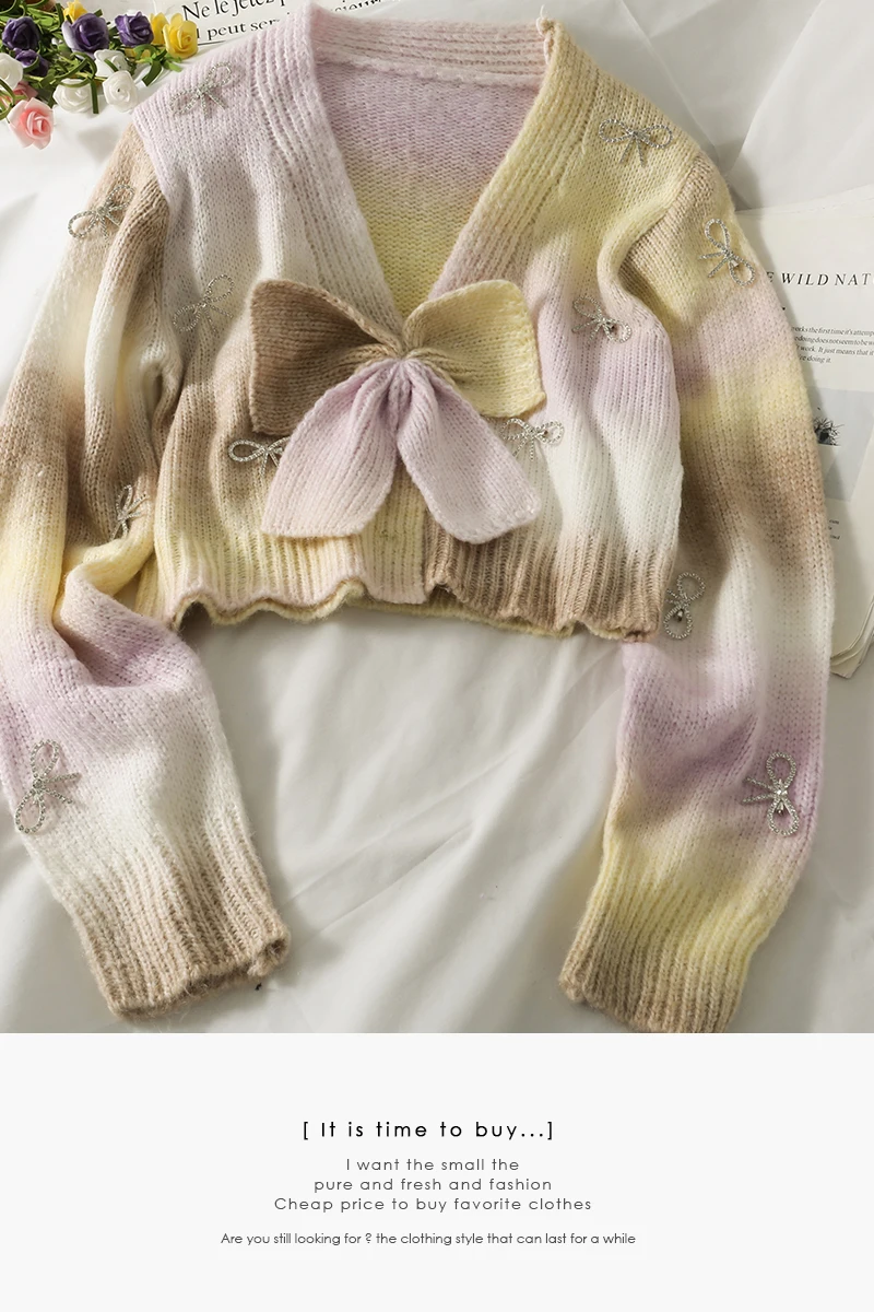 

Sweet Style Contrast Gradient Color Bow Short Sweater Women's Summer V-neck Long-Sleeve Slimming Knitwear