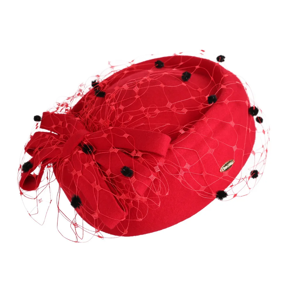 

Australian Wool Felt Beret Cap For Women Dot Vei Face Mesh Wedding Fedoras Elegant Ladies Pillbox Flower Beret Autumn Winter New