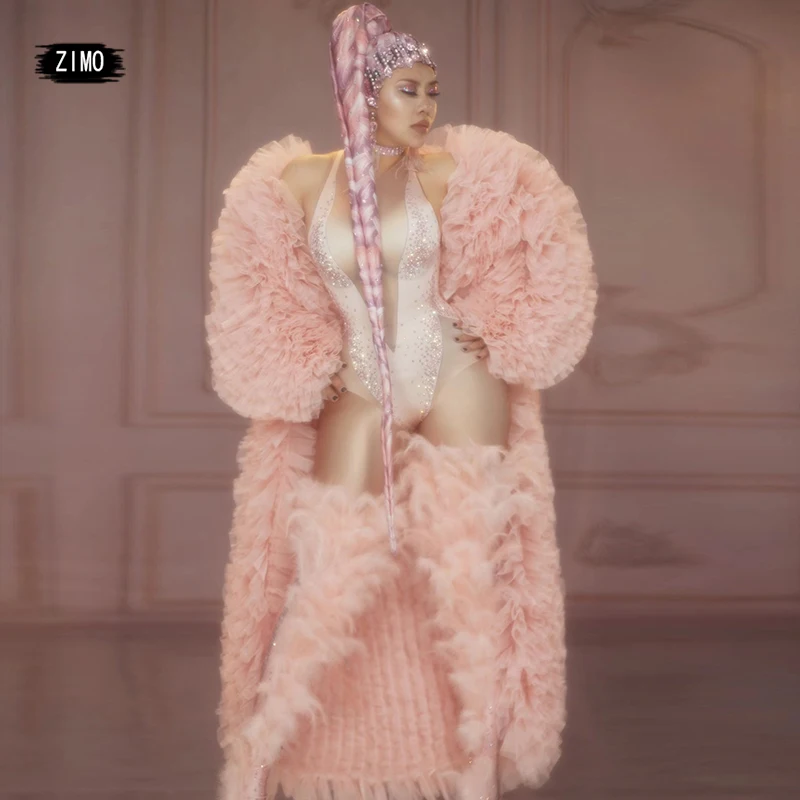 Luxus großen mantel body bein wärmer rosa feder sexy strass geburtstag outfits für frauen designer drag queen bühne kleidung