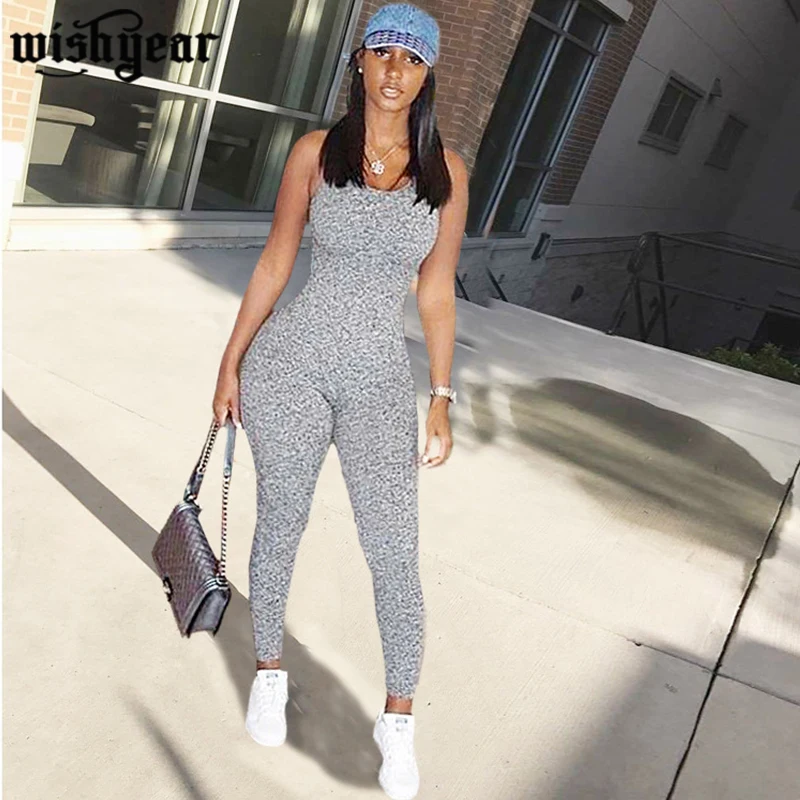 

Spaghetti Strap Jumpsuit Solid Color Backless Sleeveless Bodycon Pencil Pants Romper Active Sporty Wear Overall Outfits Playsuit