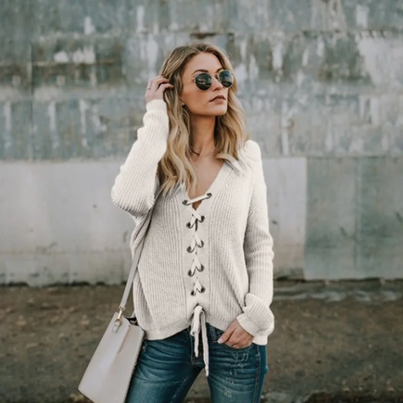 Женский свитер с глубоким V-образным вырезом и длинным рукавом | Женская одежда