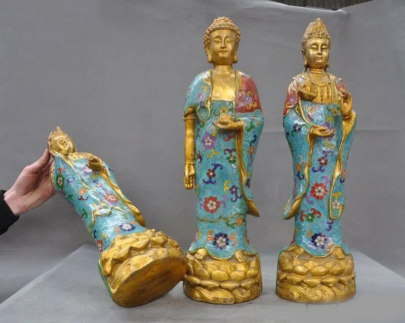 

wedding decoration Tibet bronze Cloisonne Enamel Western three god Buddha Sakyamuni Kwan-yin Statue