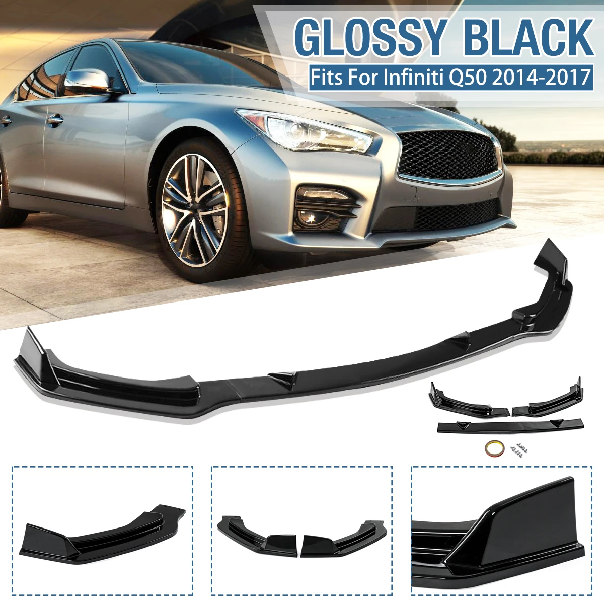 

3 Pcs/Set Glossy Black Front Bumper Canard Chin Lip Spoiler Spliters For Infiniti Q50 Q50S Q50L 2014 2015 2016 2017