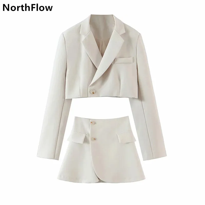 

Northflow Matching Set Blazer And Skirts Women England style Navel Exposed Short Empire Blazer Feminino Femme Two Piece Set