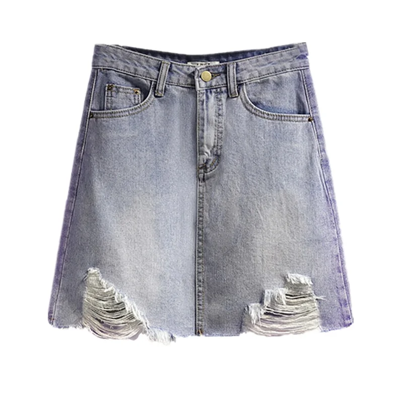 

Large Size Women Summer Skirt Sexy Versatile Ripped Hole Denim Skirt A-line Slim Denim Casual High Waist Irregular Short Skirt