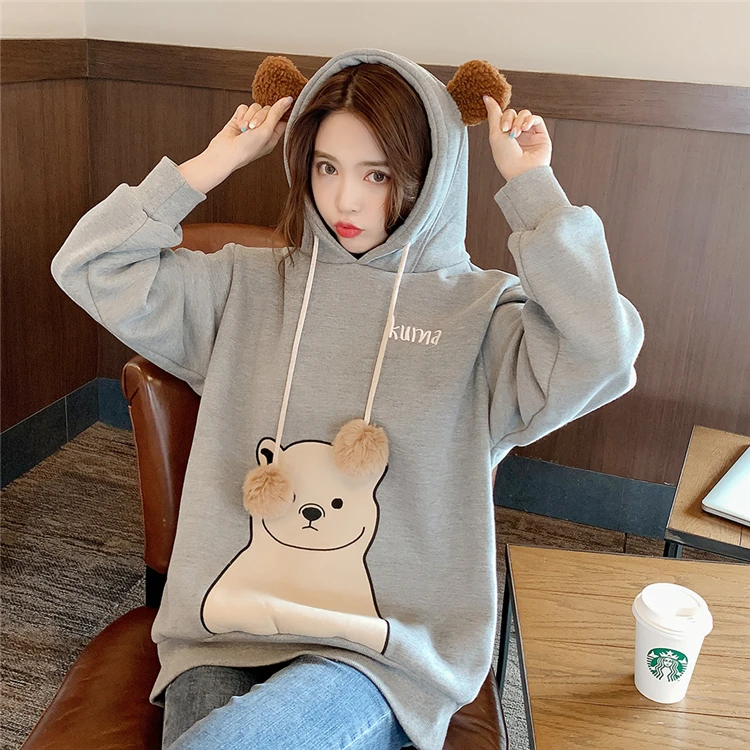 Merry Pretty женские толстовки с капюшоном Harajuku мультфильм Медведь Вышивка толстовки толстый свитшот с ушками на капюшоне спортивный костюм