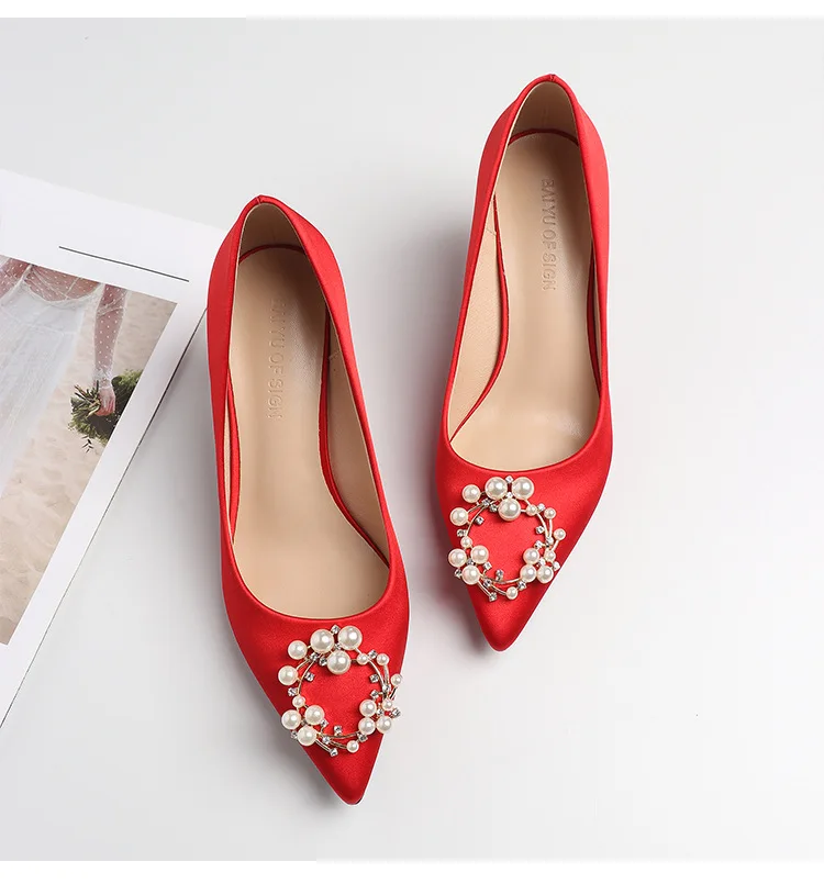 Women Wedding Shoes High Heels Shoes Woman Bride Silk String Bead Thin High Heels Pint Toe Slip On Elegant Crystal Red Pumps