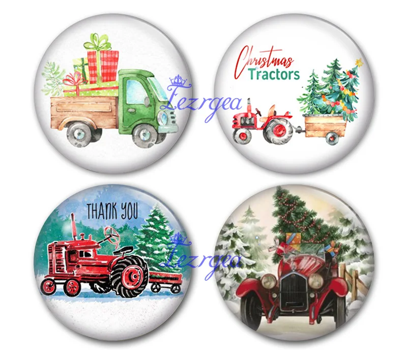 Christmas Tractors glass cabochon express Round photo demo flat back Making findings | Украшения и аксессуары