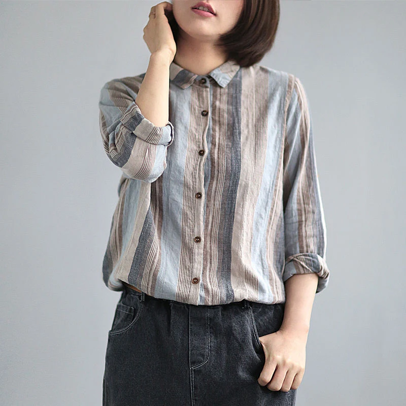Spring Autumn Arts Style Women Turn-down Collar Long Sleeve Loose Shirt All-matched Casual Cotton Linen Striped Blouse S570