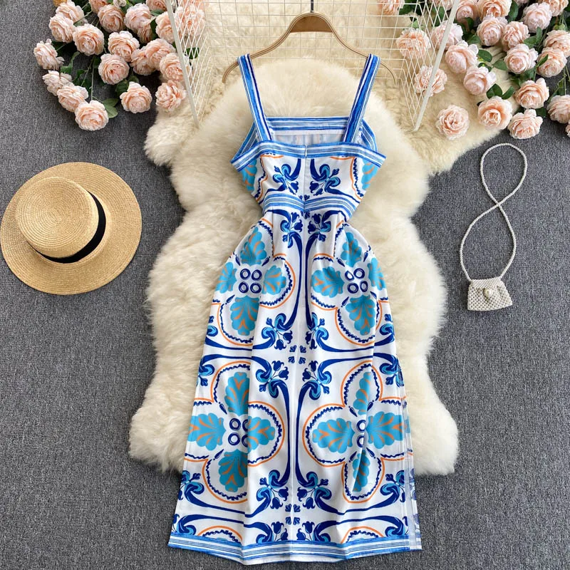

2021 New Fashion Runway Summer Print Spaghetti Strap Dresses for Women Elegant Sleeveless Midi Holiday Beach Party Vestidos