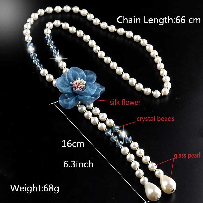 

Wishspace new fashion pearl flower sweater Necklace exquisite petals crystal tassel long necklace jewelry wholesale