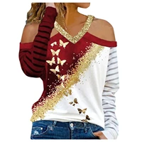 butterfly print sequins t shirts sexy strapless v neck long sleeve tops womens hollow stitching contrast color halter top 463