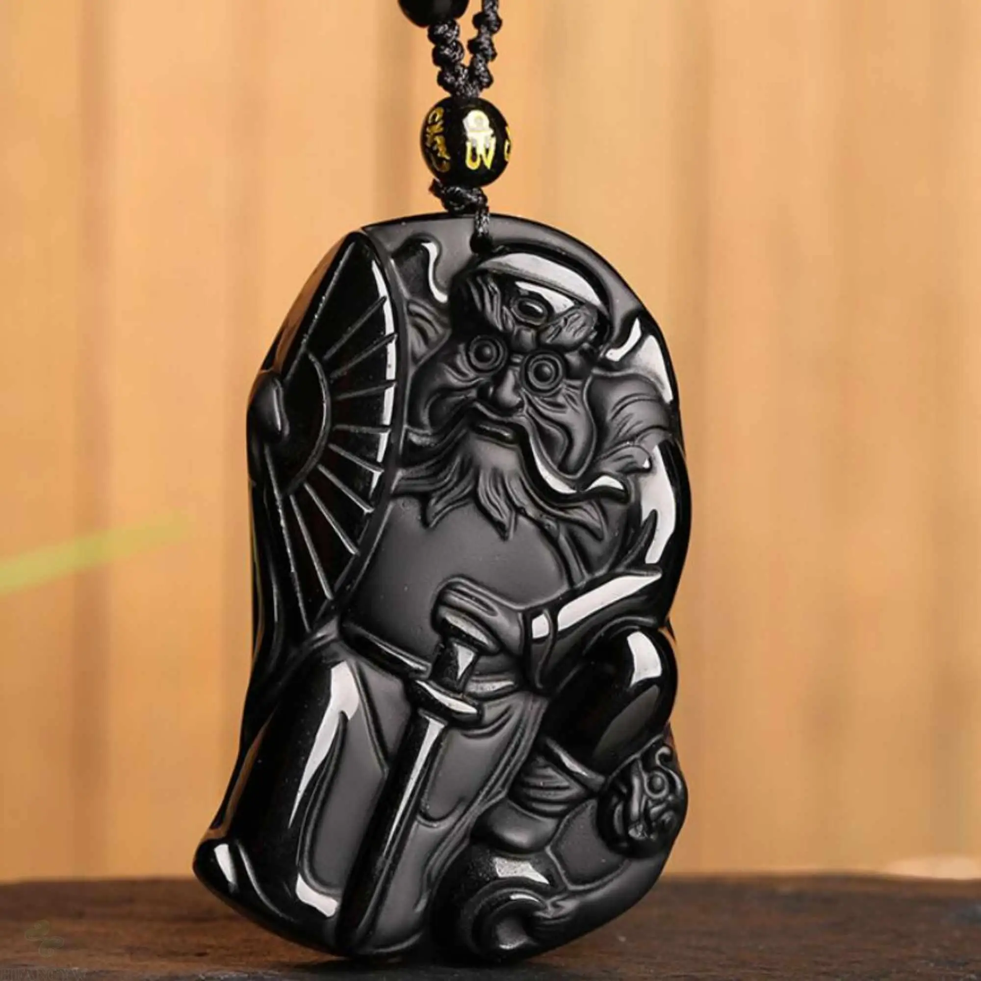 

Natural Obsidian gemstone Zhong Kui fan pendant necklace gift Practice National Style Wristband Spirituality Bohemia Handmade