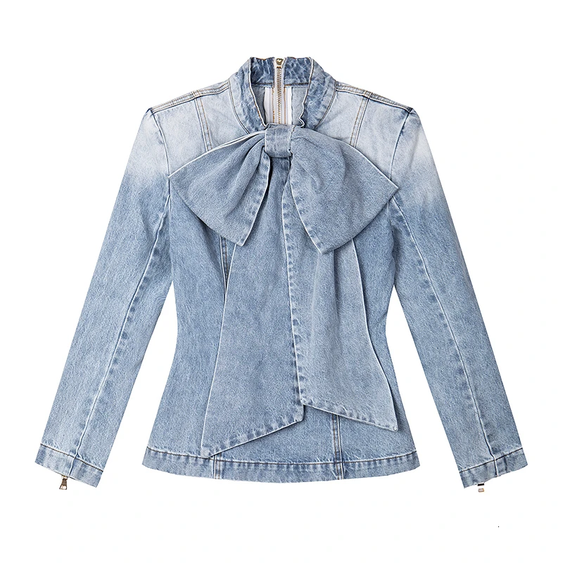 Lightblue TWOTWINSTYLE повседневные джинсовые женские рубашки с бантом, приталенные женские блузки на шнуровке с воротником-бабочкой и длинным рукавом, осенняя модная одежда - Цвет: Lightblue