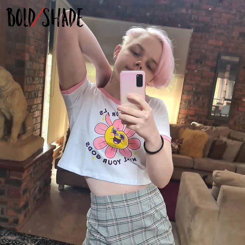 

Bold Shade Harajuku Indie Aesthetic 90s T-shirt Letter Graphic Patchwork Cropped Tops Y2K Fashion Short Sleeve Women Summer Tees