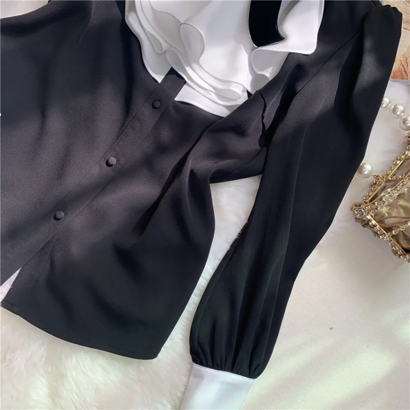 

Elegant Bow Puff Long Sleeve Shirt Women Fashion Wine Red Slim Fit Chiffon Shirts Vintage Party Office Ladies Blouse Black Tops