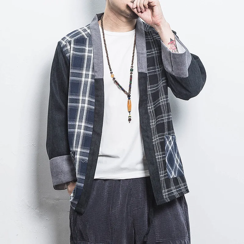 Новинка японская мужская хлопковая кимоно в клетку хаори верхняя одежда Hanten