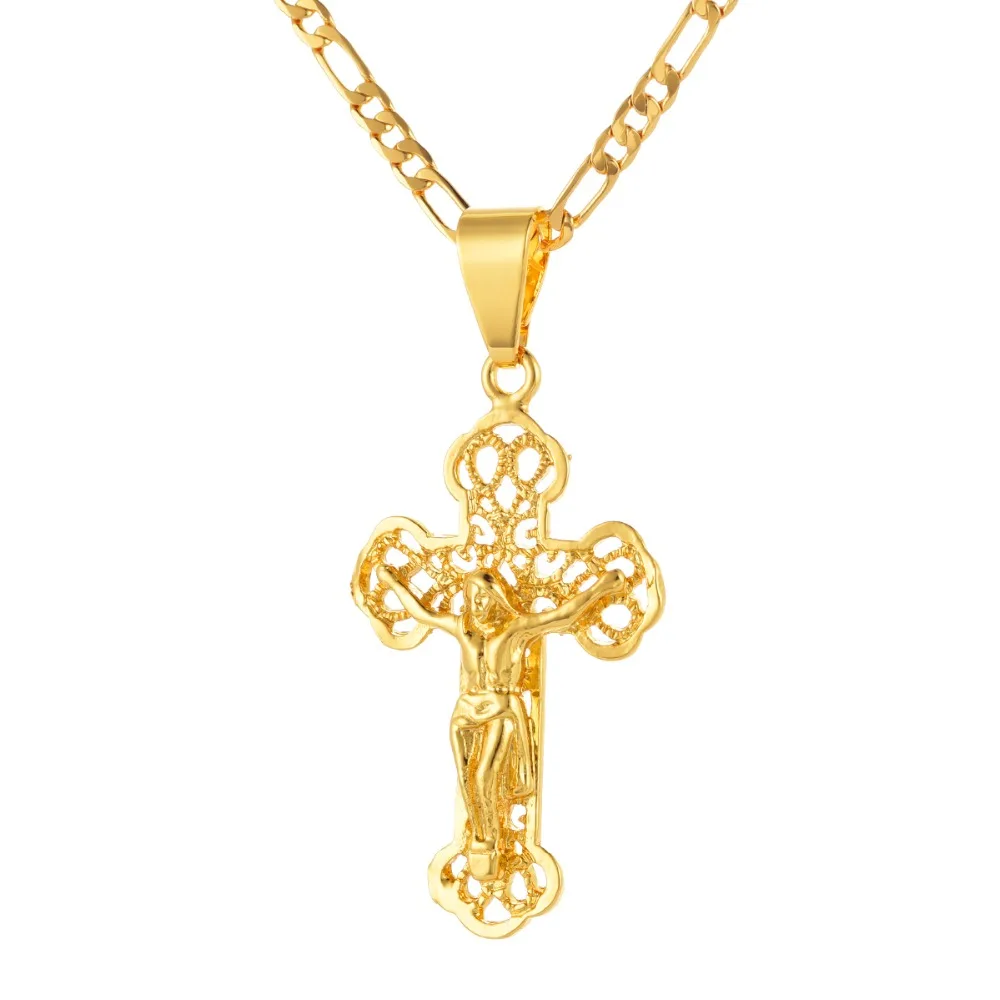 Мужская и Женская желтое золото цвет Кристиан Иисус распятие полые крест кулон