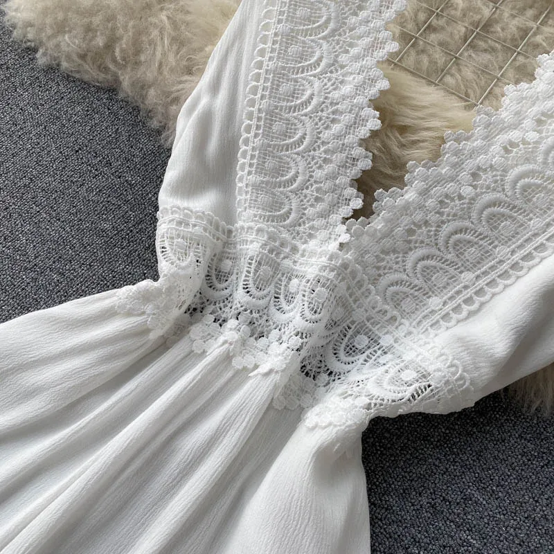 

Dresses Summer 2021 Lace Deep V-neck Waist Long Beach Ladies Dresses Korean Fashion Casual Holiday Sexy Mesh Splice Dress Women