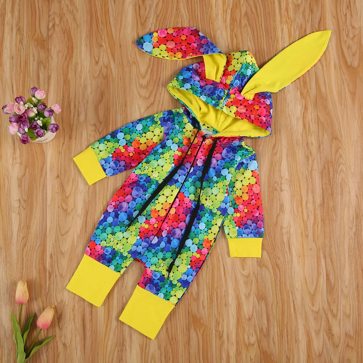 

2020 Autumn Newborn Baby Girls Boys Clothes Toddler Long Sleeve Color Round Print Romper Zipepr Drawstring Hooded Jumpsuit 0-24M