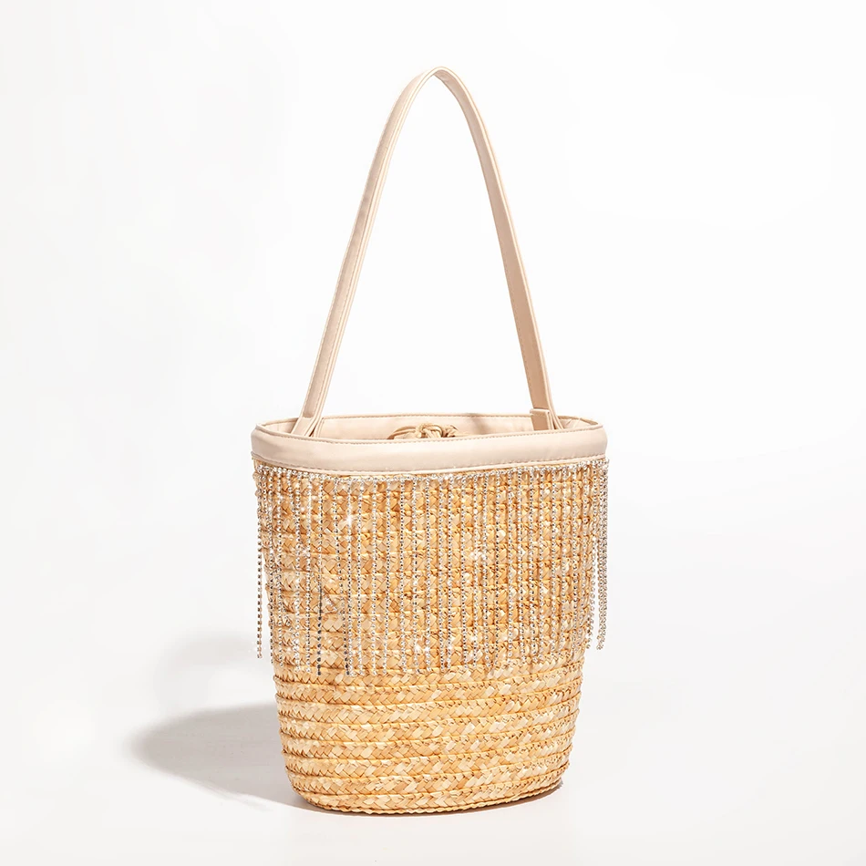 

Rhinestone Tassel Bucket Beach Bag For Women New Summer Designer Hand Woven Natural Rattan Bags Ladies Straw Bags Vacation