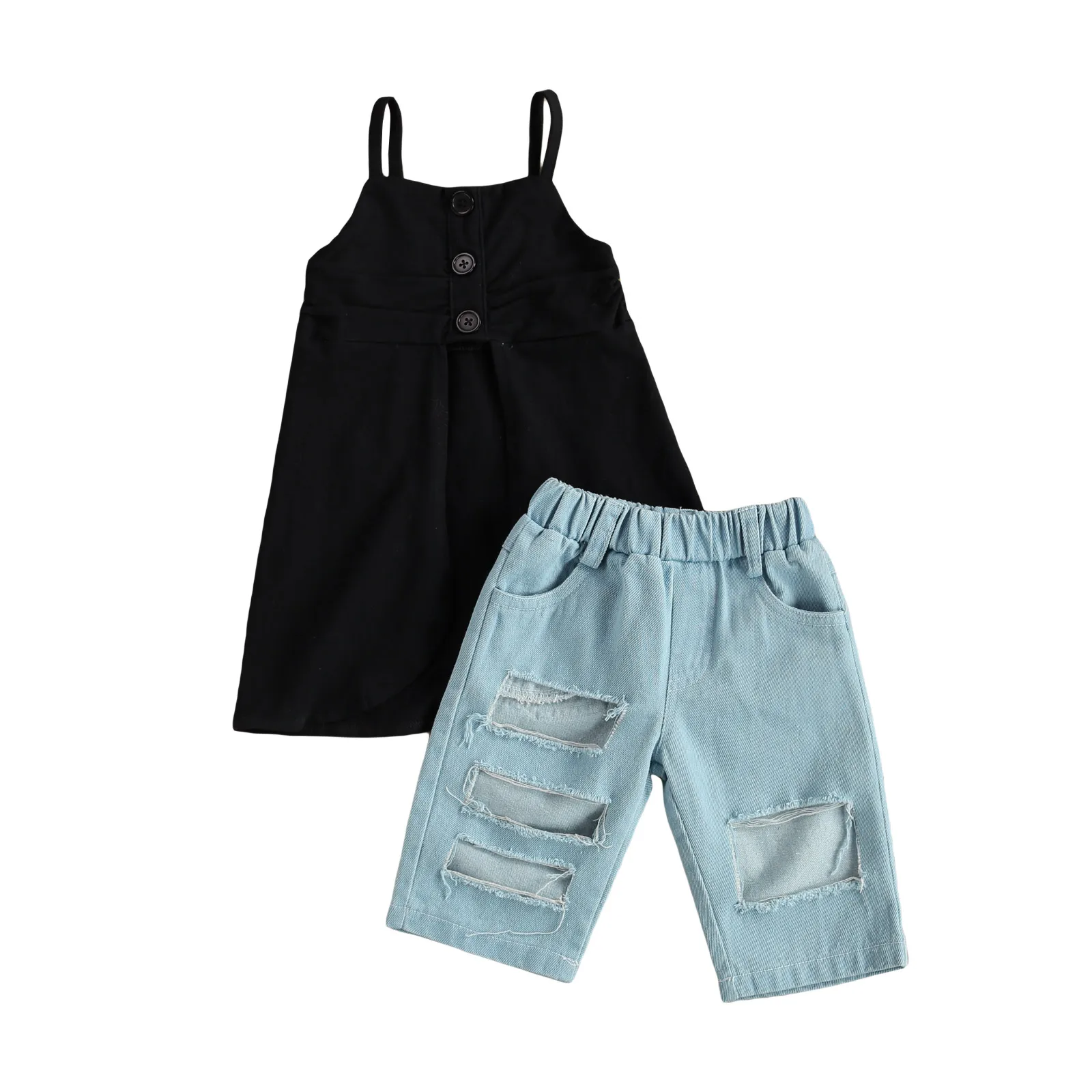 

Летние комплекты одежды для маленьких девочек, однотонное платье без рукавов на пуговицах, жилет, топы, синие джинсовые брюки, комплект