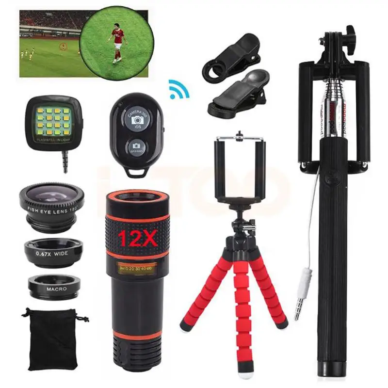 

Tripod 12X Zoom Telescope Fisheye Wide Angel Macro Lens Kit For All smartphone For iPhone Samsung Redmi Huawei