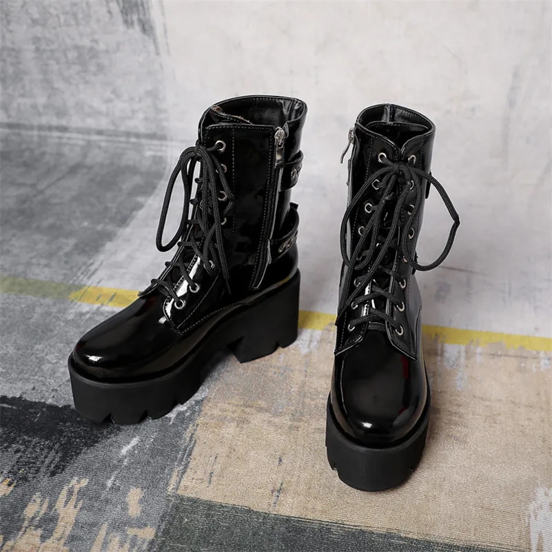 

ANNYMOLI Motorcycle Boots Women Shoes Buckle Platform High Heel Ankle Boots Zipper Lace Up Block Heels Short Boots Winter Black