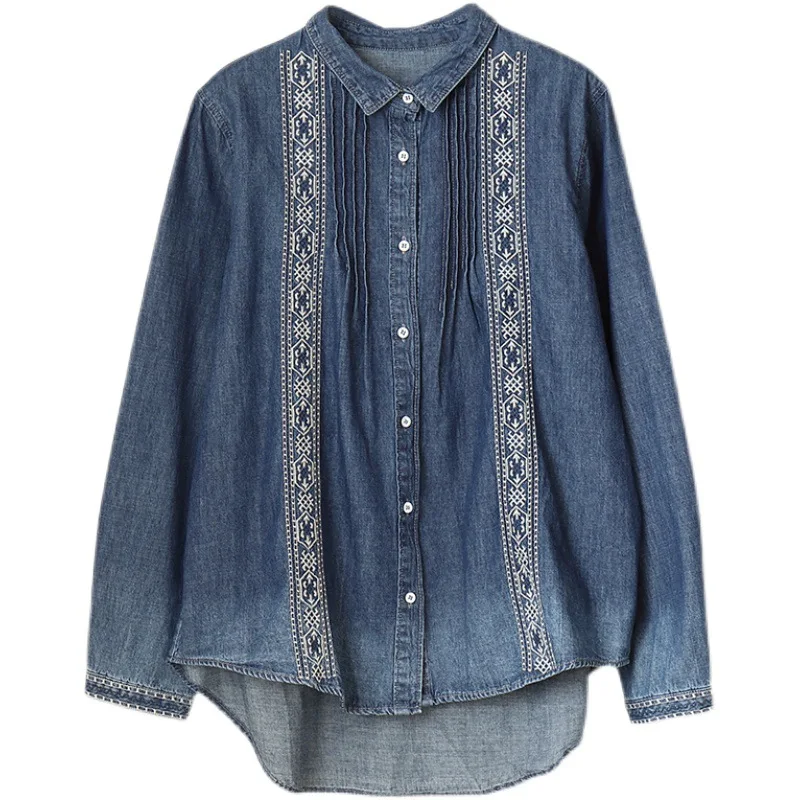 

Masss Wasss 2021 Spring New Fashion Womens Vintage Blue Denim Shirts Ladies Printed Loose Blouses Female Bleached Tops Plus Size
