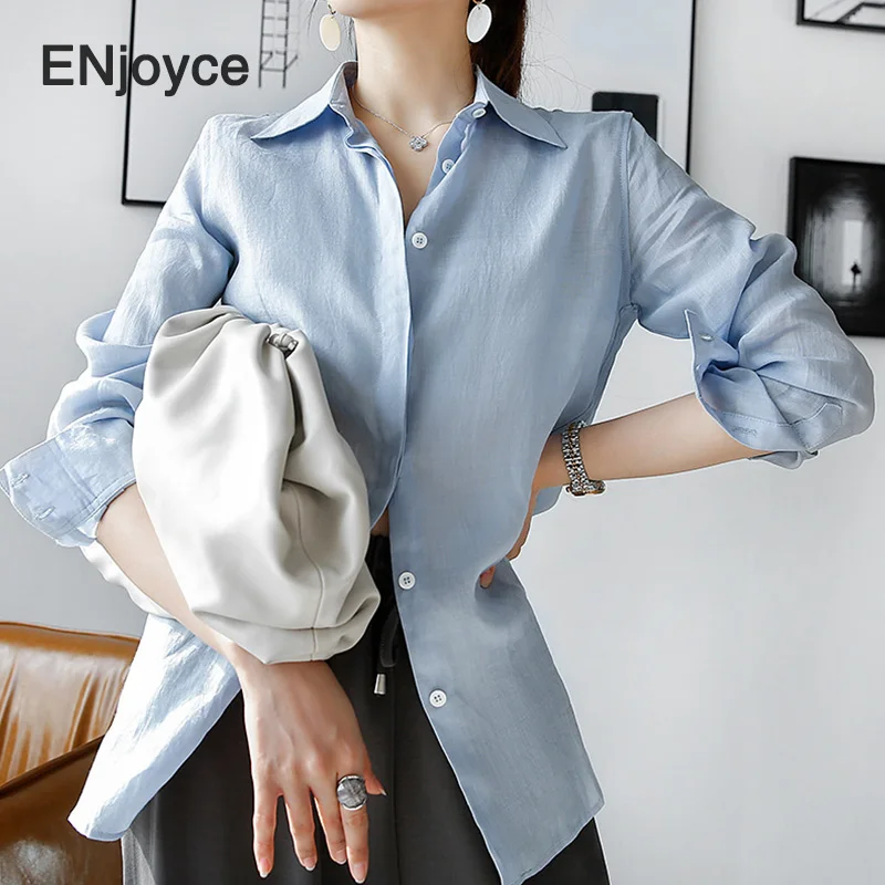 Блузка женская льняная с длинным рукавом повседневная приталенная рубашка в