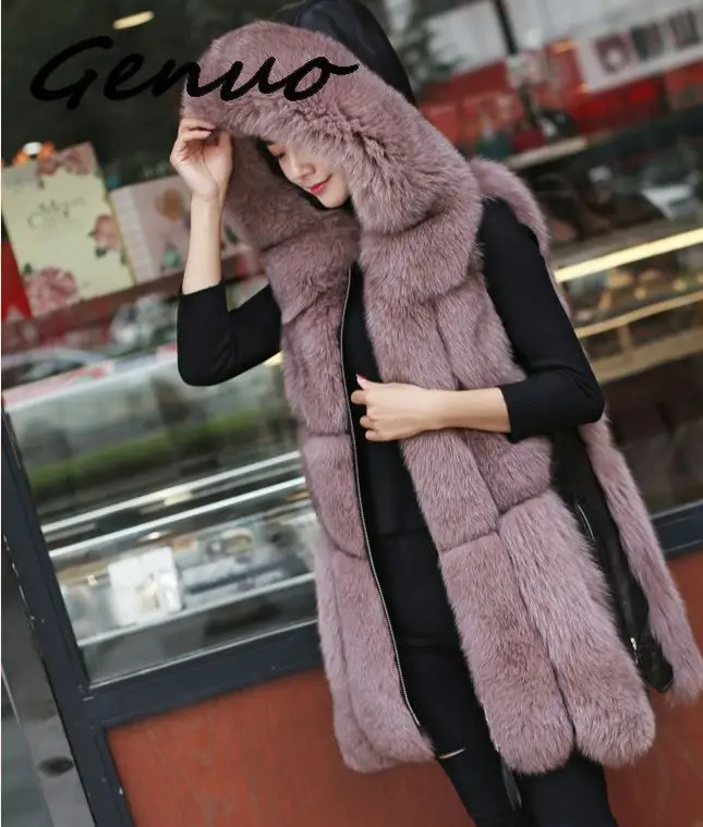 

Genuo Winter Women's fur Jacket Faux Fox Fur Vest Coat Fashion Hooded Fur Waistcoat Side Zipper stitching leather Warm Outwear