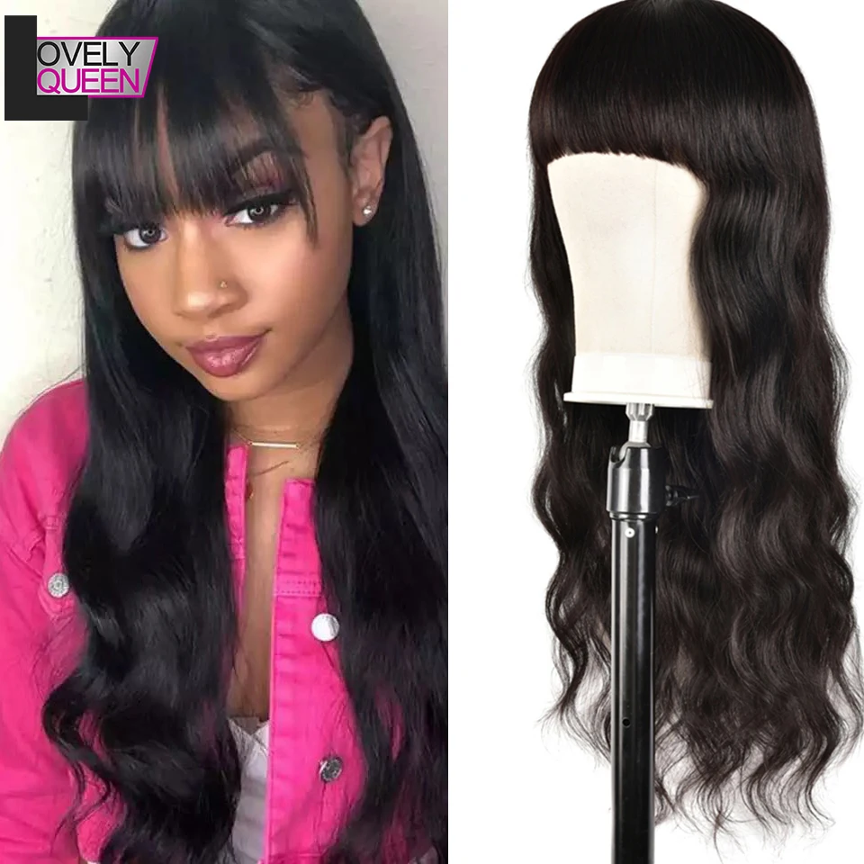 

Lovely Queen Peruvian Body Wave Wigs Remy Human Hair Wig With Bangs Full Machine Made Human Hair Wigs With Bang For Black Women