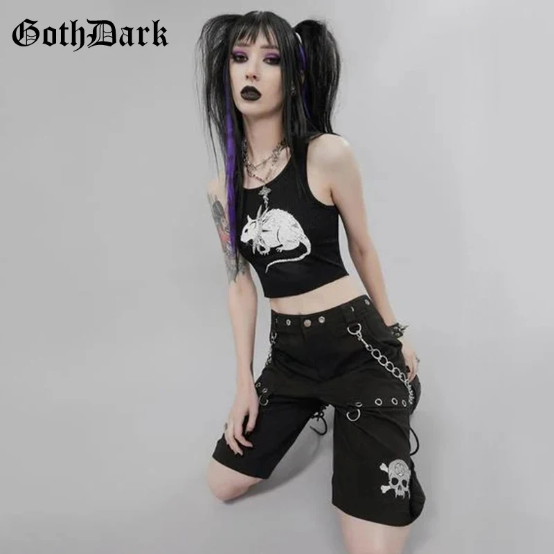 Goth Dark Mall Gothic Grunge Aesthetic Women Tank Tops Punk Bodycon Sexy Ribbed Cropped Printed Streetwear Emo Alt Clothes | Женская