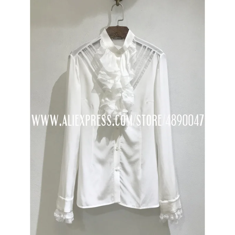 

Spring autumn elegant retro shirt Layered ruffled trim on micro-through white small stand-up collar long sleeve silk shirt