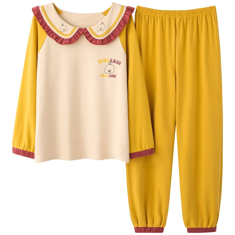 

Pajamas Ladies Korean Style Loose 2020 Spring Autumn New Long-Sleeved 100% Cotton 2PCS Home Service Pijama Feminino