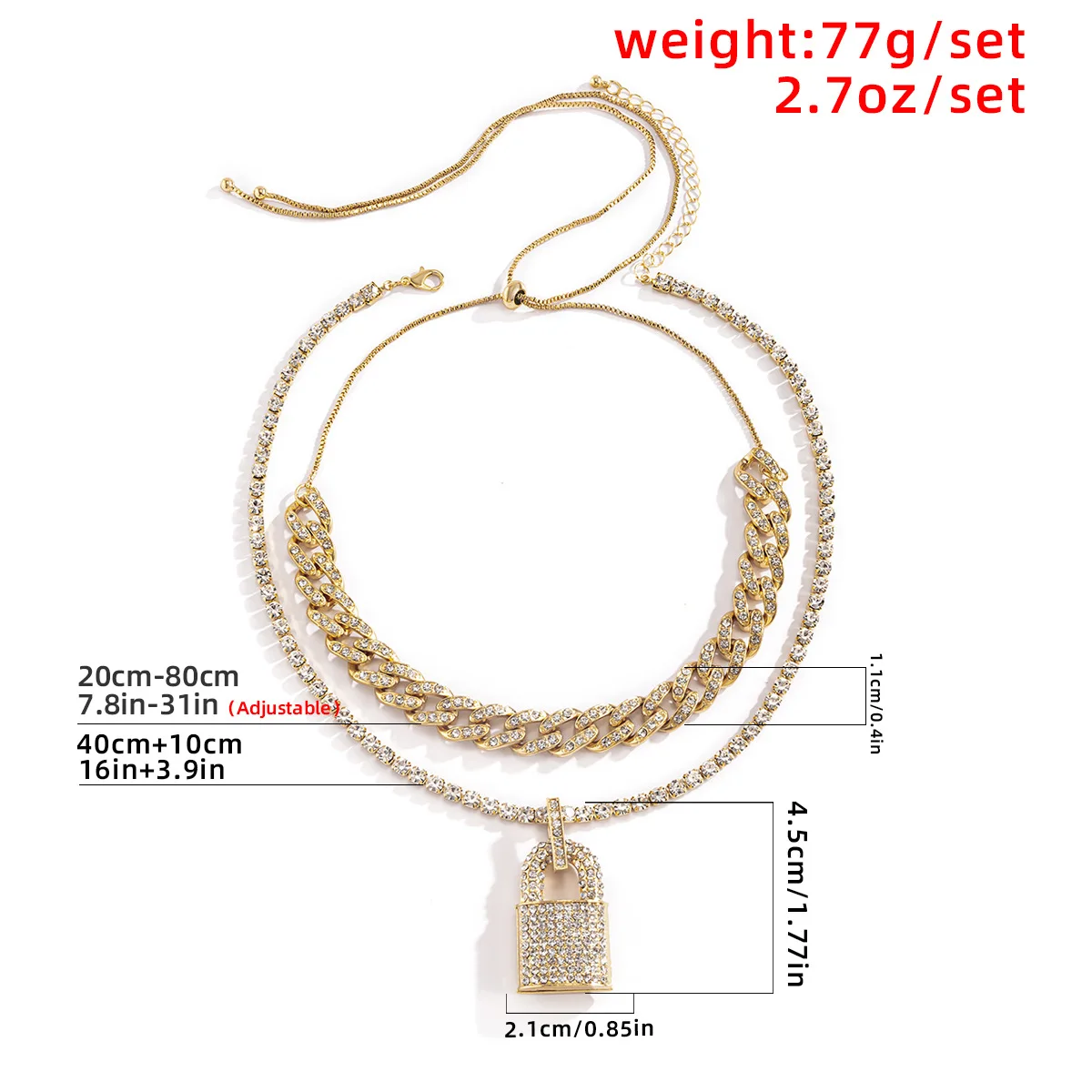 

Hip-Hop Style Alloy Necklace Full Of Diamonds Cuban Chain With Diamond Lock Pendant Men And Women Necklaces Punk Trendy Jewelry