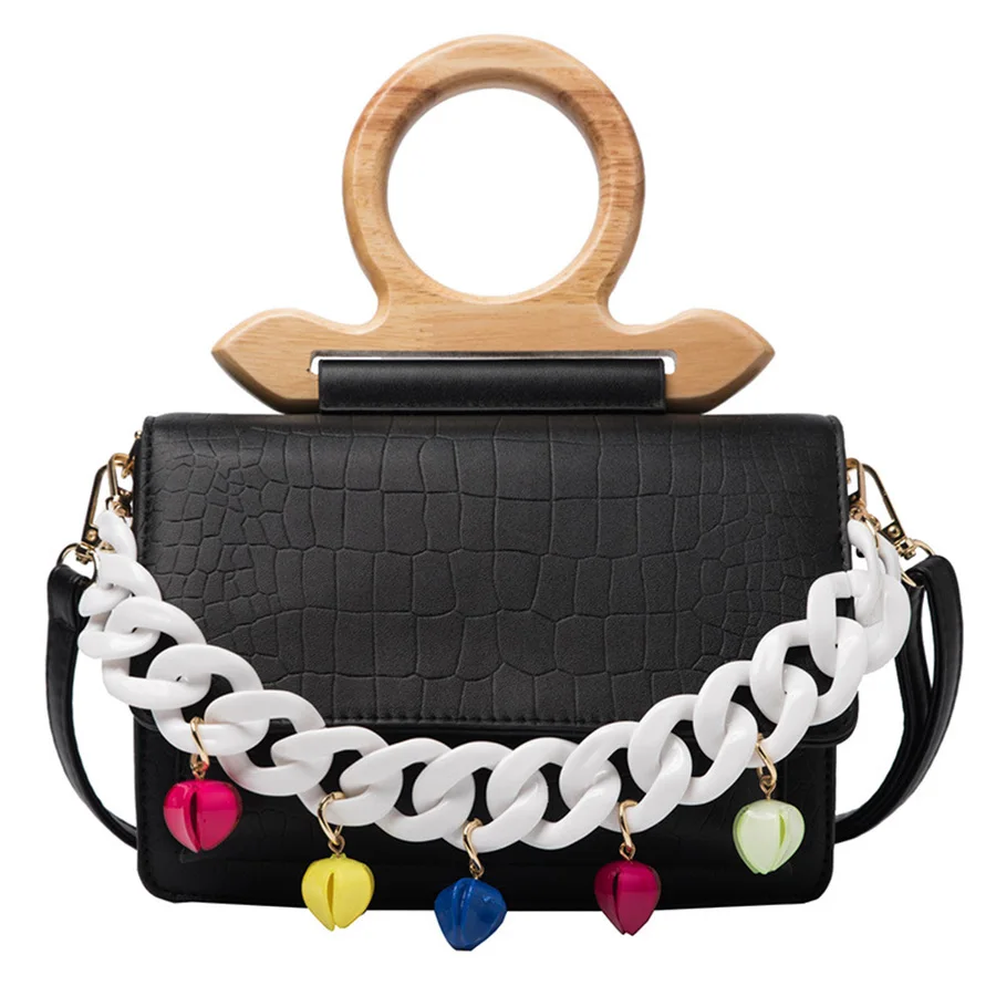 

Panelled Women Bags Wooden Handle Handbag 2021 Trendy Acrylic Chain Shoulder Bag Crocodile Pattern Messenger Bag Bolsa De Hombro