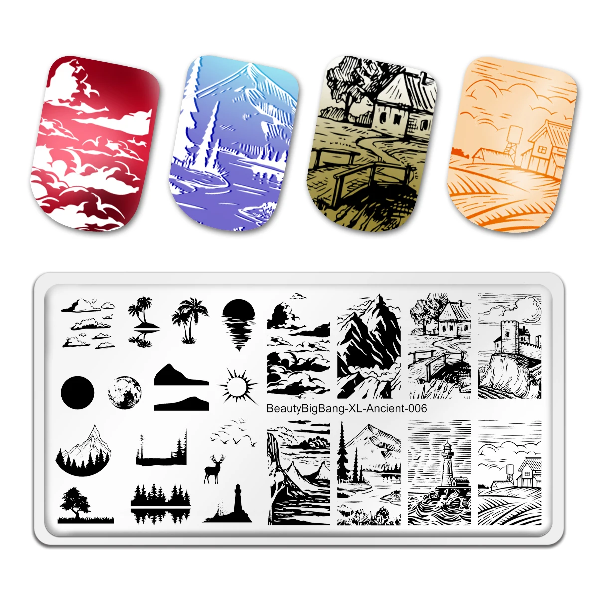 

Beautybigbang DIY Nail Stamping Plate Mountain River Landscape Image Stainless Steel Nails Art Template Stencil Tool Ancient 006
