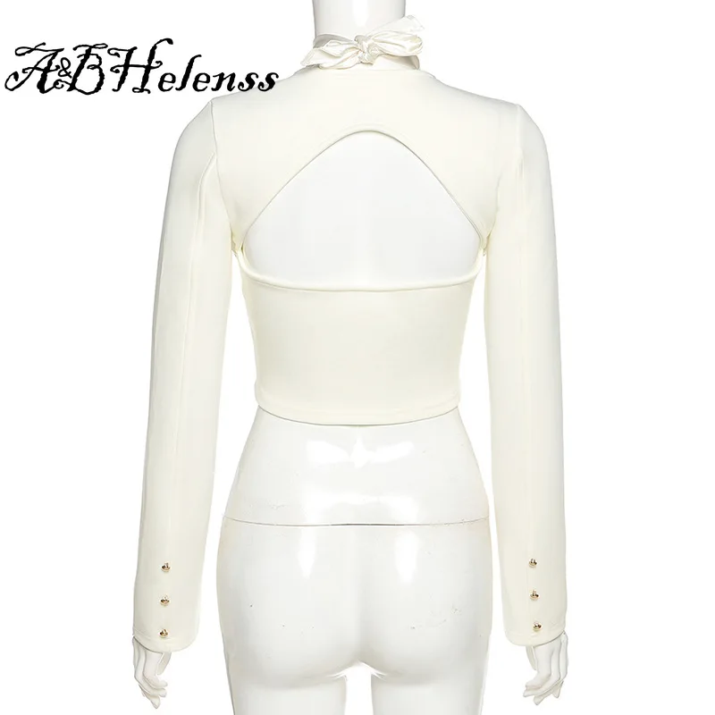 

2021 Soild Elegant Patchwork Halter Bandage Crop Top Sexy Long Sleeve Backless Corset Shirt Hollow Out Women Blouses