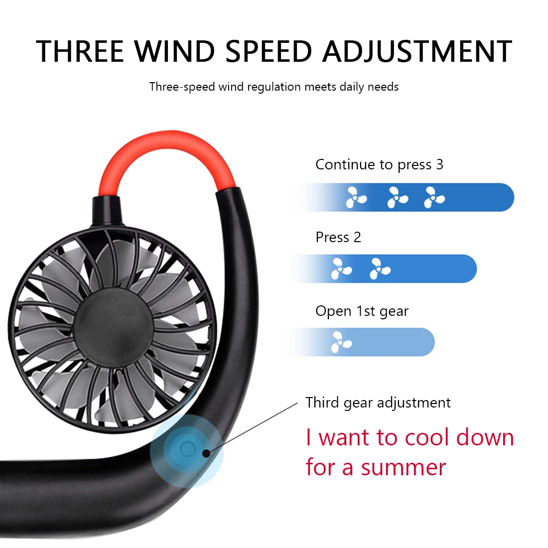 

3 Speed Portable Fan Mini Neck Fan USB Neckband Fan Air Conditioner Rechargeable Sports Fan Personal Light for Home Office
